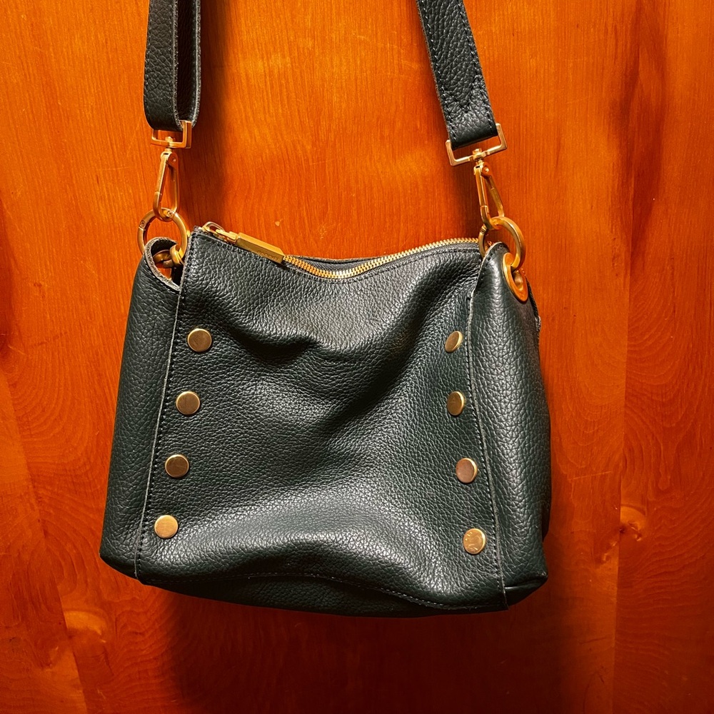 Hammitt Dark Green Pebbled Leather Shoulder Bag with Gold Accents